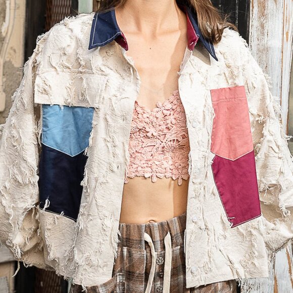 3671 Size MedPOL Natural Multi Color Pocket Detail Ruched Sleeve Textured Jacket - Picture 4 of 9